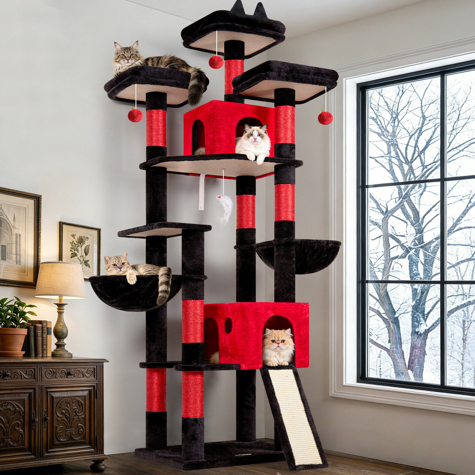 F83D Cat Tree For Large Cats(Gothic Red Black,83-inch)