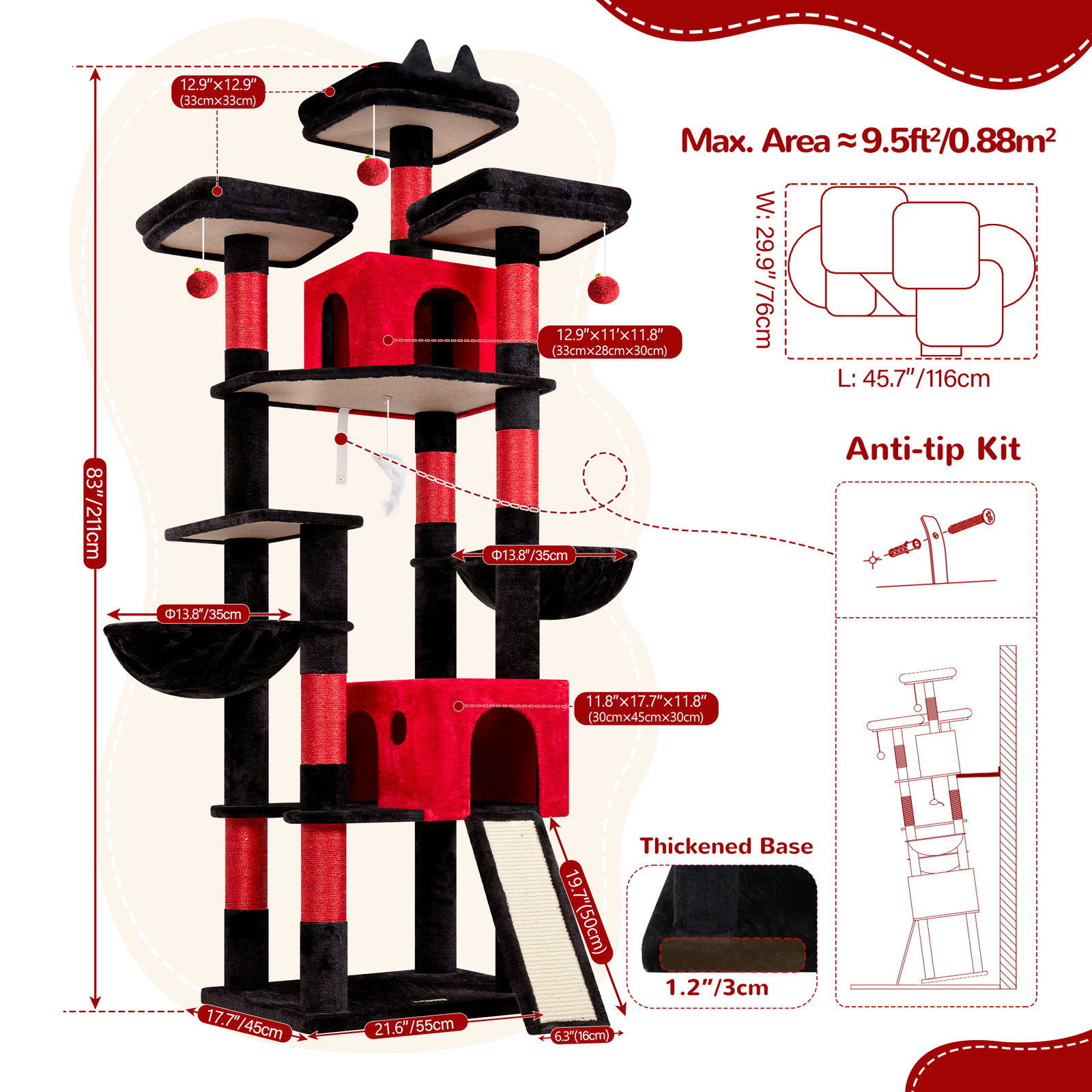 F83D Cat Tree For Large Cats(Gothic Red Black,83-inch)