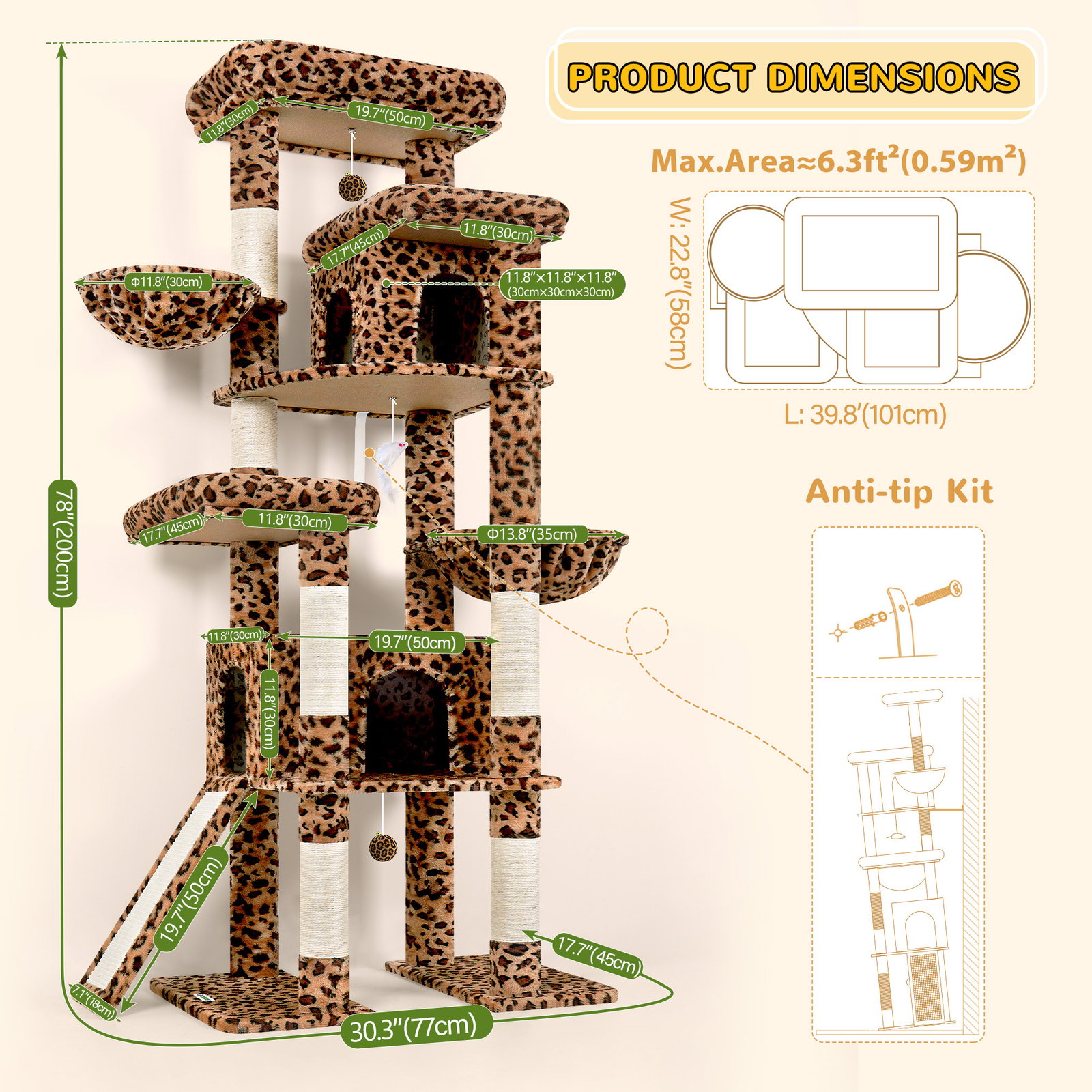 S78 Cat Tower With Scratching Post(Leopard Print,78-inch)