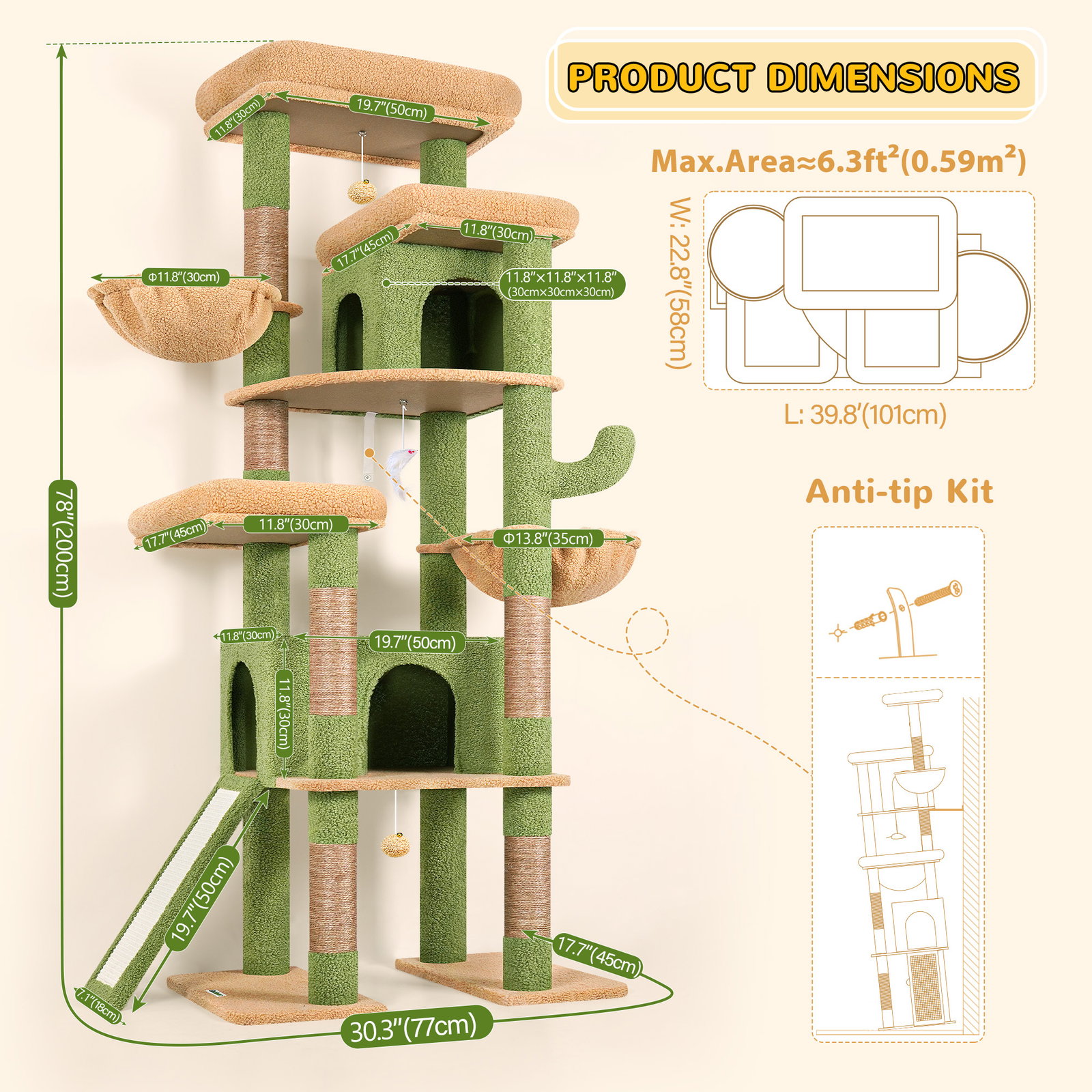 S78 Cat Tower With Scratching Post(Cactus Green,78-inch)