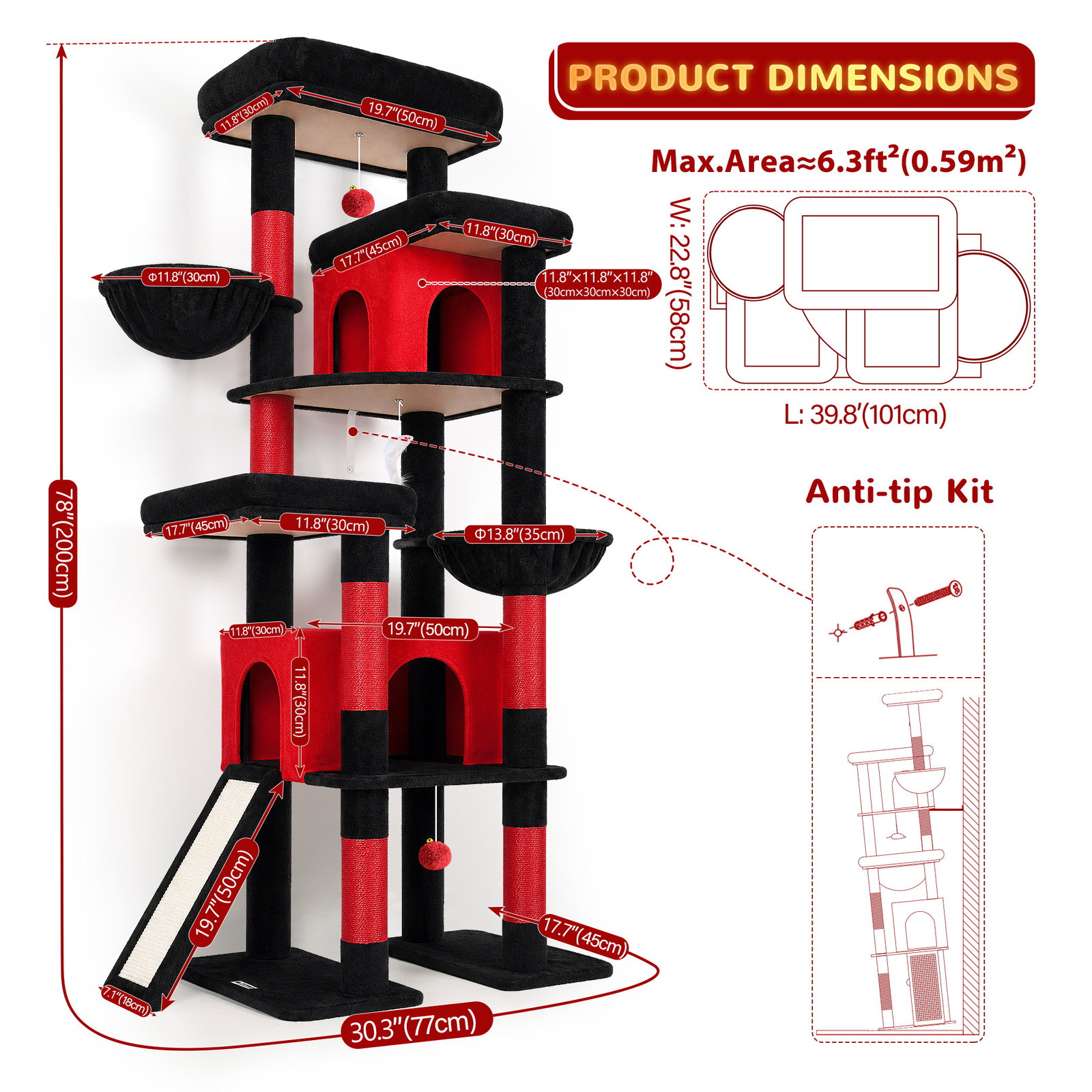 S78 Cat Tower With Scratching Post(Gothic Red Black,78-inch)