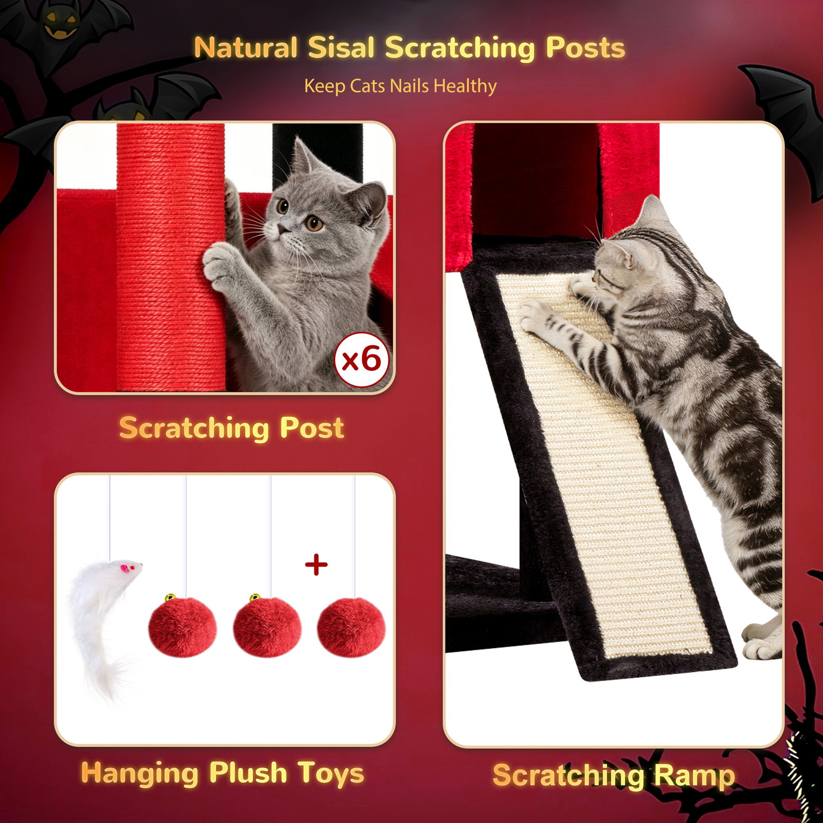 S78 Cat Tower With Scratching Post(Gothic Red Black,78-inch)