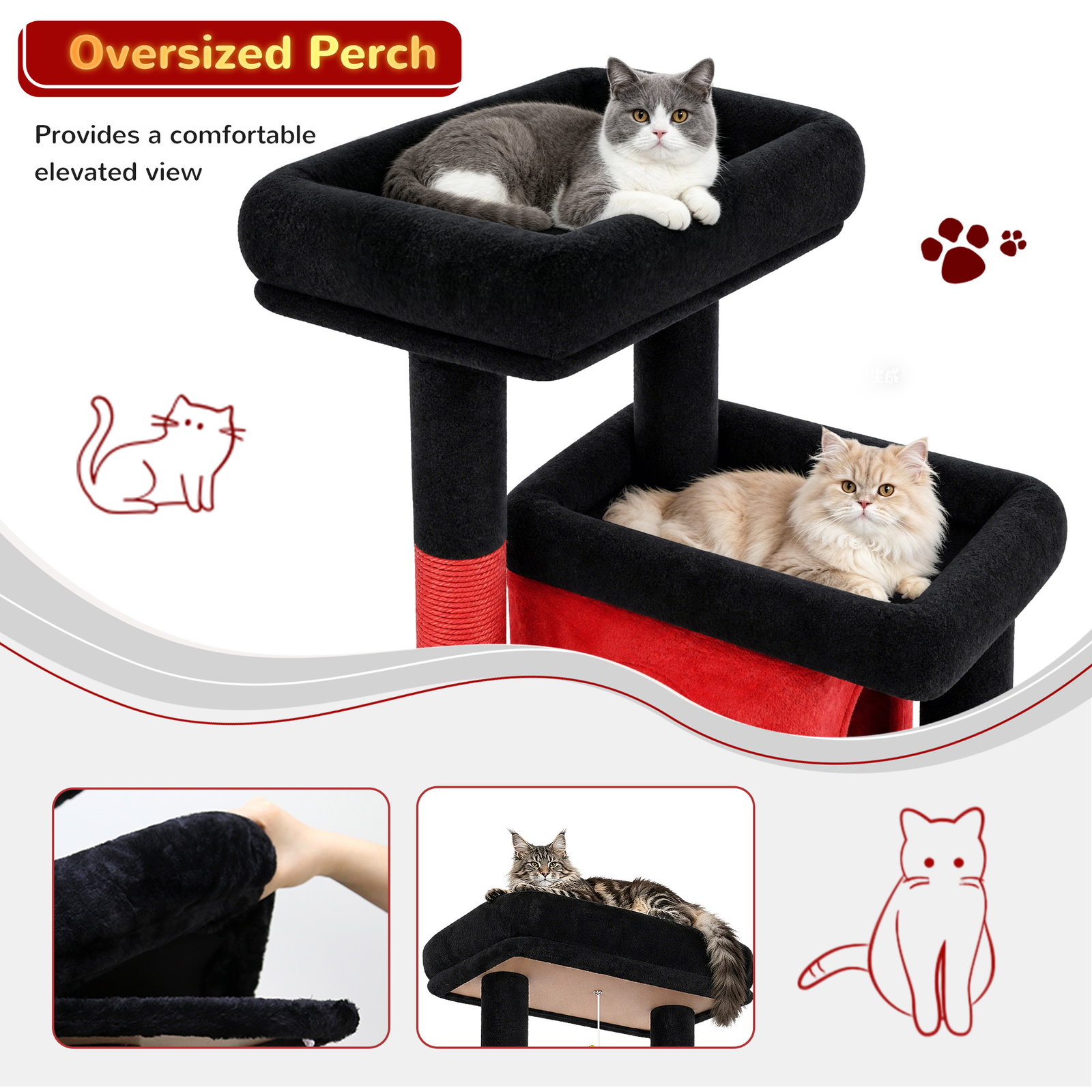 S78 Cat Tower With Scratching Post(Gothic Red Black,78-inch)