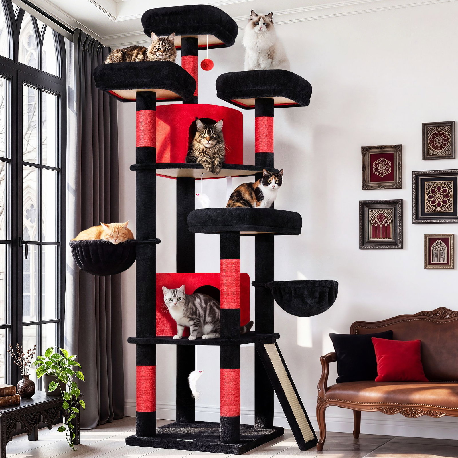 F80H Cat Tree For Indoor Cats Large Adult(Gothic Red Black,80-inch)